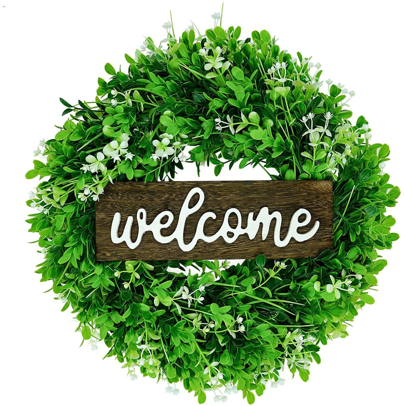 Homebelle Welcome Sign with Boxwood Wreaths Front Door Porch Decor, 18Inch Welcome Wreath with Wooden Sign, Artificial Green Leaves Wreath Greenery Wreath for Front Door Window Home Decoration Home & Garden > Decor > Seasonal & Holiday Decorations HomeBelle 18'' With White Flowers and Welcome Sign  