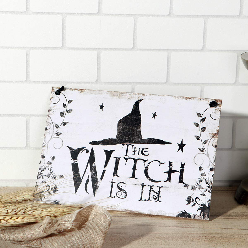 LUOEM Halloween Hanging Welcome Sign Trick or Treat Wooden Plaque Board for Haunted House - Witch is in