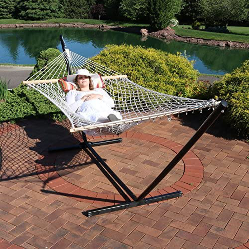Sunnydaze Cotton Rope Freestanding Hammock with 12 Foot Portable Steel Stand and Spreader Bar, Pad and Pillow Included, Tropical Orange Home & Garden > Lawn & Garden > Outdoor Living > Hammocks Sunnydaze   