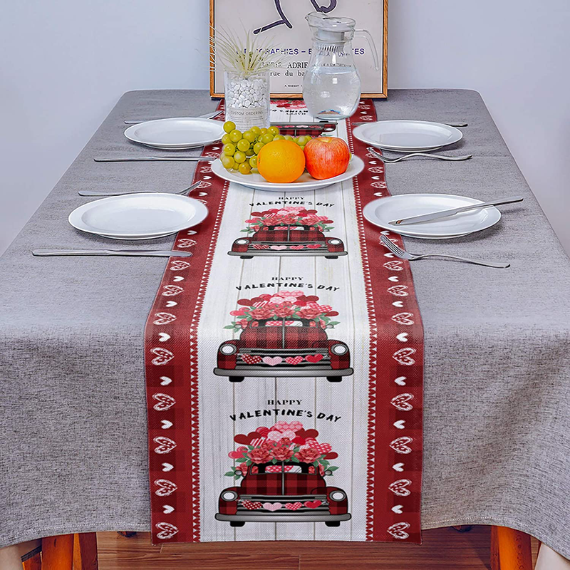 Cotton Linen Table Runner Happy Valentine'S Day Red Truck Roses Table Setting Decor Red Plaid Wooden Board for Garden Wedding Parties Dinner Decoration for All Seasons - 14 X 72 Inches Home & Garden > Decor > Seasonal & Holiday Decorations AXMSYun   