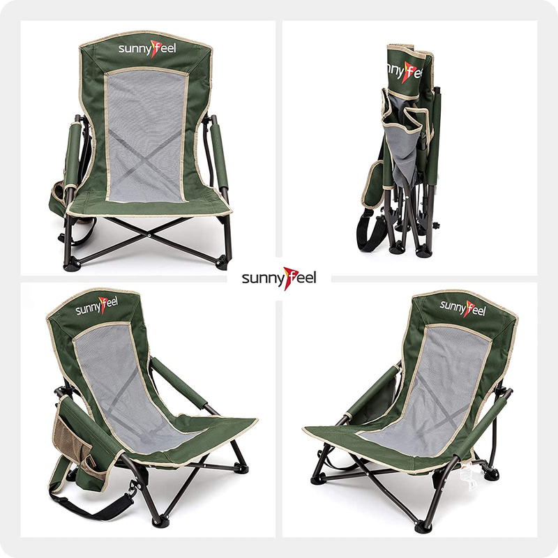 SUNNYFEEL Folding Camping Chair, Low Beach Chair Lightweight with Mesh Back,Cup Holder,Side Pocket,Padded Armrest,Sling, Portable Camp Chairs for Outdoor Picnic Fishing Lawn Concert (Green) Sporting Goods > Outdoor Recreation > Camping & Hiking > Camp Furniture Sunnyfeel   