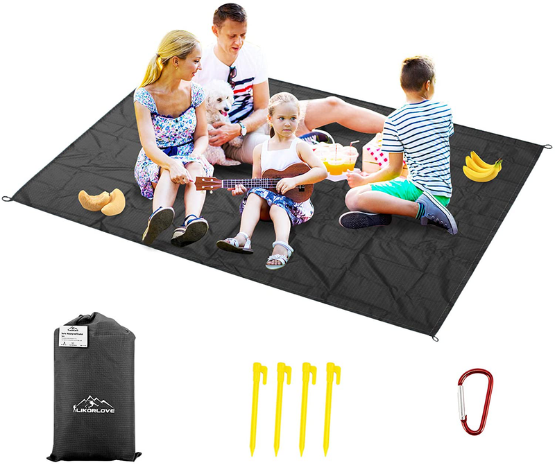 Likorlove Outdoor Picnic Waterproof Blanket 80"x60" / 94"x79", Compact Lightweight Foldable Sand Proof Pocket Mat for Beach/Hiking/Travel/Camping/Festival/Sporting Events with Bag Loops Stakes Home & Garden > Lawn & Garden > Outdoor Living > Outdoor Blankets > Picnic Blankets Likorlove Black X-Large（94"x79") 