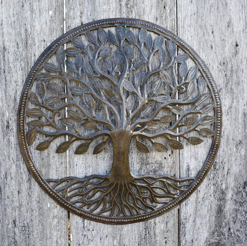 Organic Tree of Life Decorative Wall Hanging Artwork, 23 Inch Round Metal Sculpture, Handmade in Haiti from Recycled Steel Barrels, Fair Trade Federation Certified Home & Garden > Decor > Artwork > Sculptures & Statues It's Cactus   