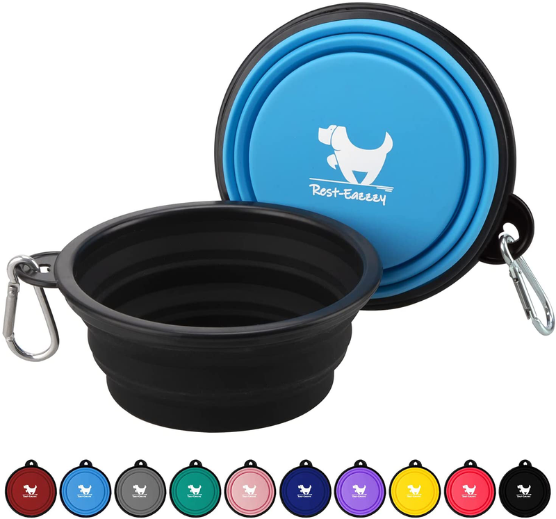 Rest-Eazzzy Expandable Dog Bowls for Travel, 2-Pack Dog Portable Water Bowl for Dogs Cats Pet Foldable Feeding Watering Dish for Traveling Camping Walking with 2 Carabiners, BPA Free  Rest-Eazzzy black&blue S 