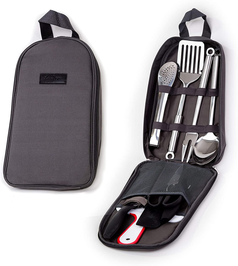 Portable Outdoor Utensil Kitchen Set-9 Piece Cookware Kit, Carrying Organizer Bag-For Camping, Hiking, RV, Travel, BBQ, Grilling-Stainless Steel Accessories- Fork, Spoon, Knife & More-Indoor/ Outdoor