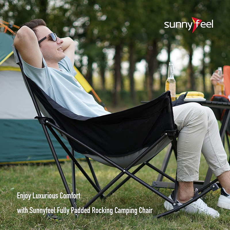 Sunnyfeel Camping Rocking Chair, Oversized Folding Lawn Chairs with Luxury Padded Recliner & Pocket,Carry Bag, 300 LBS Heavy Duty for Outdoor/Picnic/Patio, Portable Rocker Camp Chair (2Pcs Grey)