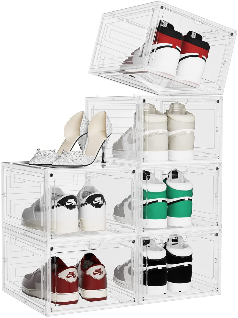 Pinkpum Shoe Storage, 6 Pack Shoe Boxes Clear Plastic Stackable, Shoe Organizer for Sneakers, Large Drop Front Shoe Box, Shoe Case with Clear Door, Fit for Size 12 (White) Furniture > Cabinets & Storage > Armoires & Wardrobes PINKPUM   