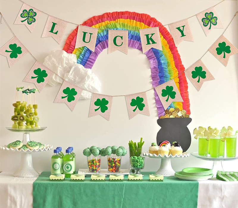 St Patricks Day Decorations Banner, 2 PCS St. Patrick'S Day Garland, Hogardeck Lucky Irish Polyester Banner, Green Shamrock Rustic Outdoor Indoor Decorations for the Home, Farmhouse Spring Decor