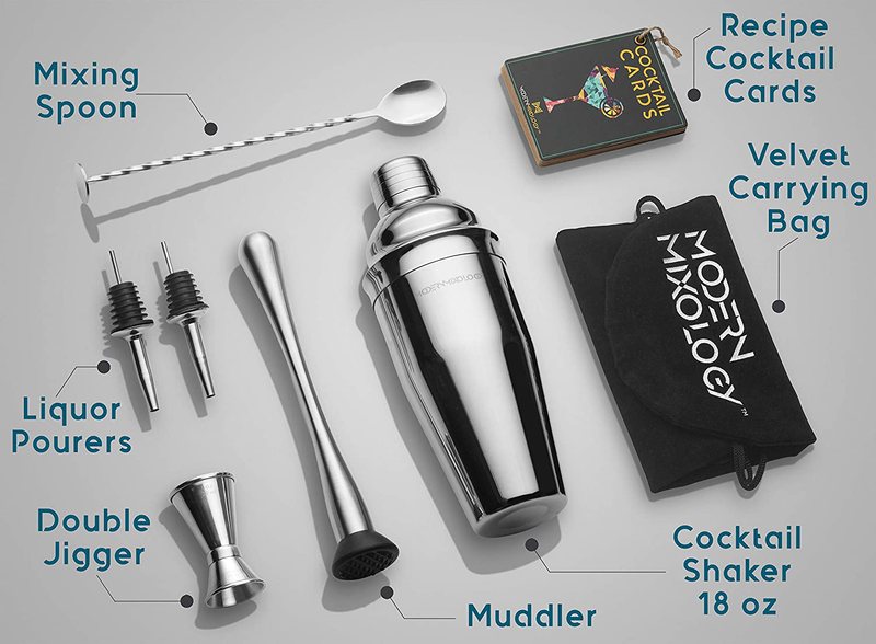 Cocktail Shaker Set Drink Mixer // 8-piece Portable Bartender Kit with 24oz Martini Shaker Bar Tool Set // 2 Pourers // Muddler // Jigger // Mixing Spoon // Velvet Bag // Built-in Strainer (Silver) Home & Garden > Kitchen & Dining > Barware Modern Mixology   