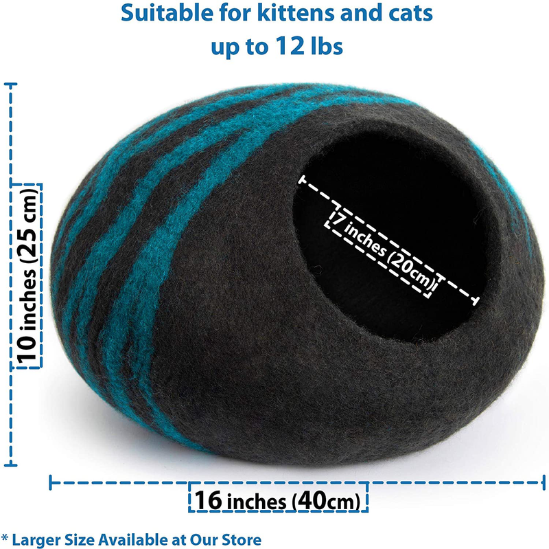 MEOWFIA Premium Felt Cat Bed Cave (Medium) - Handmade 100% Merino Wool Bed for Cats and Kittens (Black/Aqua/Medium) Animals & Pet Supplies > Pet Supplies > Cat Supplies > Cat Beds MEOWFIA   