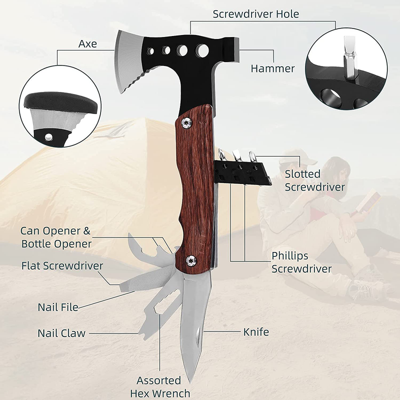 Multitool Axe, 11 in 1 Camping Hatchet, Gift for Men, Cool Gadgets Christmas Stocking Stuffers for Dad, Grandfather, Boyfriend, Camping Survival Gear and Accessories, with Axe Blade Protection