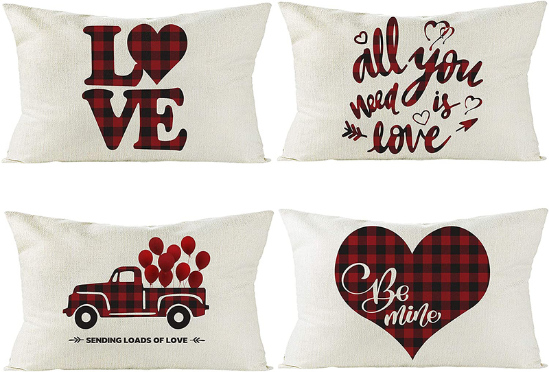 GROBRO7 4Pcs Valentine'S Day Love Heart Pillow Covers Buffalo Check Plaids Throw Cushion for Couch Red & Black Plaid Linen Cloth Pillow Cases with Be Mine Text Rustic Truck Indoor Decor in 18'’X18'’ Home & Garden > Decor > Chair & Sofa Cushions GROBRO7 12' x 20'  