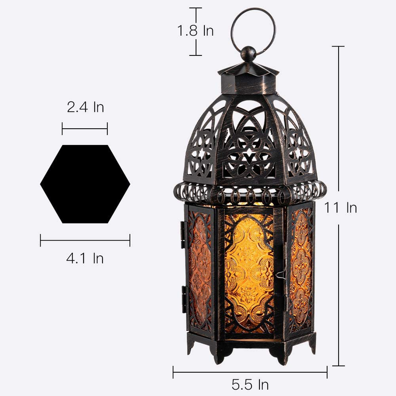 DECORKEY Vintage Large Size Candle Lantern, 12.8inch Moroccan Style Decorative Hanging Lantern, Metal Tabletop Lantern, Halloween Candle Holders for Outdoor Patio (Amber)