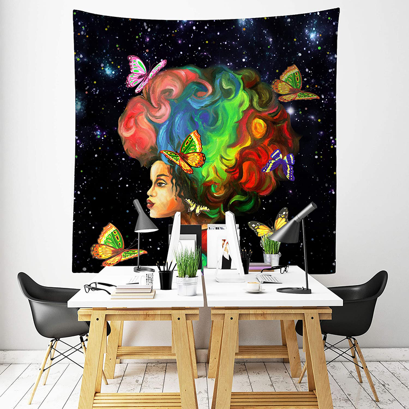 Third Goddess Tapestry Black Starry Girl Wall Hanging- African American Girl with Colorful Butterfly Wall Tapestry 60 x 60 for Home Decor & Gift(150 x 150cm) Home & Garden > Decor > Artwork > Decorative Tapestries Third Goddess   