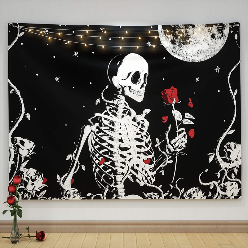 Ovenbird Skull Tapestry, Skeleton and Flower Wall Tapestry, Goth Witch Hippie Tapestry Black and White Floral with Moon Star, Tapestry Wall Hanging for Bedroom, Dorm, Room Decor, 51" X 59"
