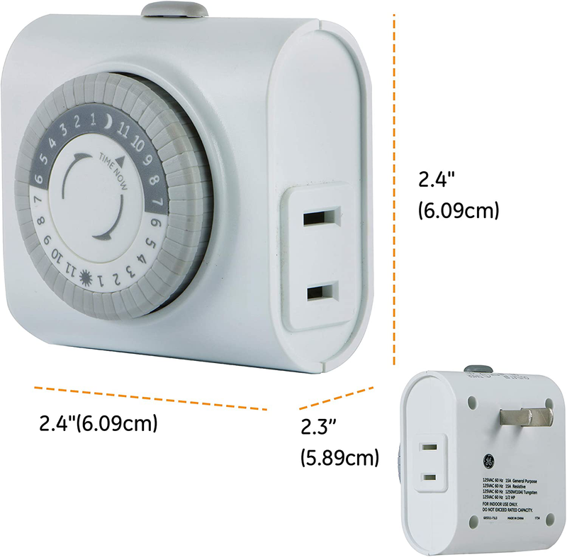 GE Mechanical 2 Pack, 2 Featuring 56177 24-Hour Indoor Basic Timer, 1 Polarized Outlet, Plug-in, Daily On/Off Cycle, 30 Minute Interval, for Lamps, Seasonal Appliances, and Portable Fans, White