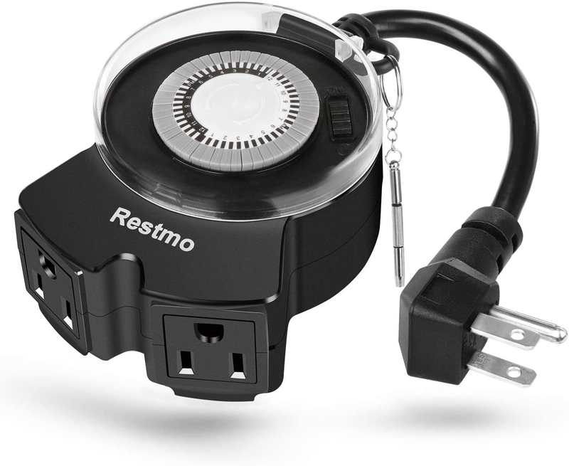 RESTMO Outdoor Timer Waterproof, Dual Wide-Spaced Outlets | Heavy Duty | Plug-in | 24-Hour Programmable | Mechanical Control, Ideal for Pool Pump, Fountain and Holiday Decoration Light, ETL Listed Home & Garden > Lighting Accessories > Lighting Timers Restmo 1  