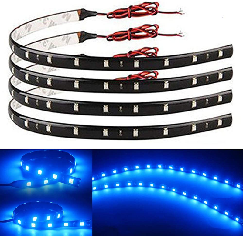 EverBright 4-Pack Red 30CM 5050 12-SMD DC 12V Flexible LED Strip Light Waterproof Car Motorcycles Decoration Light Interior Exterior Bulbs Vehicle DRL Day Running with Built-in 3M Tape  YM E-Bright Blue  