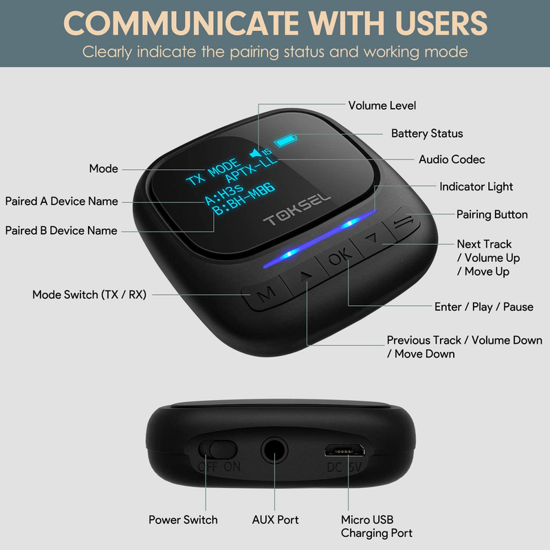 TOKSEL Visible Bluetooth 5.0 Transmitter Receiver for TV PC, 2-in-1 Wireless Bluetooth Adapter with OLED Screen, Volume Control, 3.5mm AUX RCA Stereo Output, Low Latency for Car Home Sound System Electronics > Audio > Audio Components > Audio & Video Receivers TOKSEL   