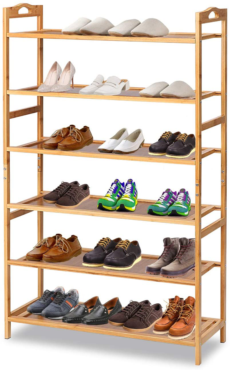TOOCAPRO Bamboo Shoe Rack 6 Tier Shoe Shelf Closets Storage Organizer Free Standing Shelves Bamboo Color for Entryway Closet Living Room Bedroom Bathroom for Books and Flowerpots Plants 27"×10"×43" Furniture > Cabinets & Storage > Armoires & Wardrobes TOOCAPRO   