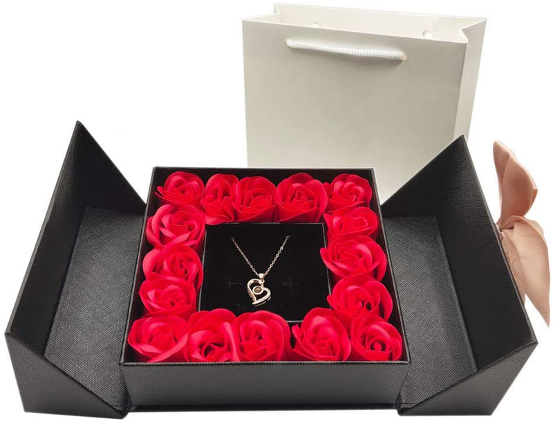 Eternal Real Rose Gift Box with Heart Design Necklace 100 Languages Love You, Forever Flower for Her, Romantic Birthday Gift, Anniversary, Mother'S Day, Valentine'S Day, Christmas (Black Box, Heart) Home & Garden > Decor > Seasonal & Holiday Decorations BRINGSMART   