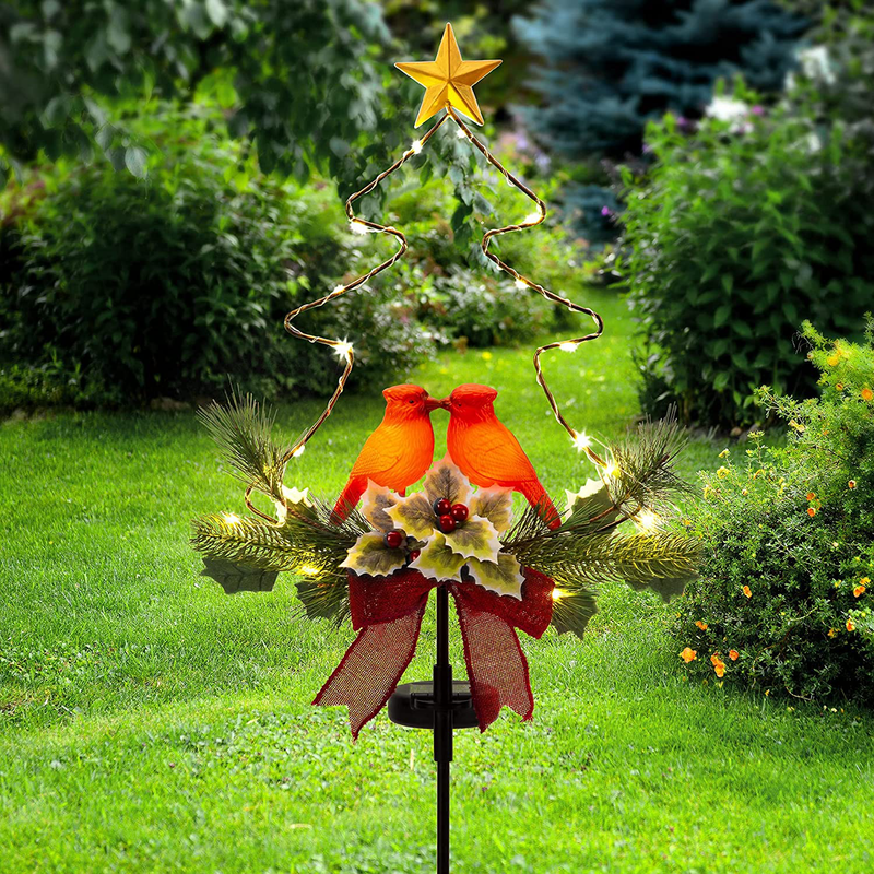 SOWSUN Solar Christmas Decorations Outdoor LED Lights, Waterproof Red Birds Xmas Tree Pathway Lights, Cemetery Grave Decorations,Star Christmas Ornament Stakes for Garden Lawn Yard Cemetery, Set of 2