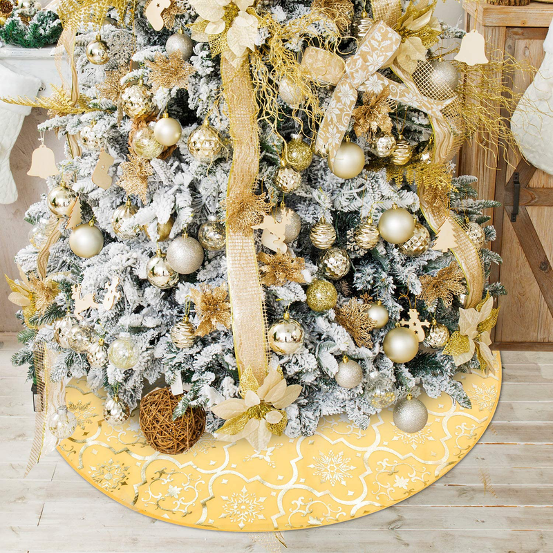 Sunshine 48 Inch Christmas Tree Skirt with Snowflakes, Xmas Tree Mat for Christmas Tree Decorations with Christmas Stocking (Gold)