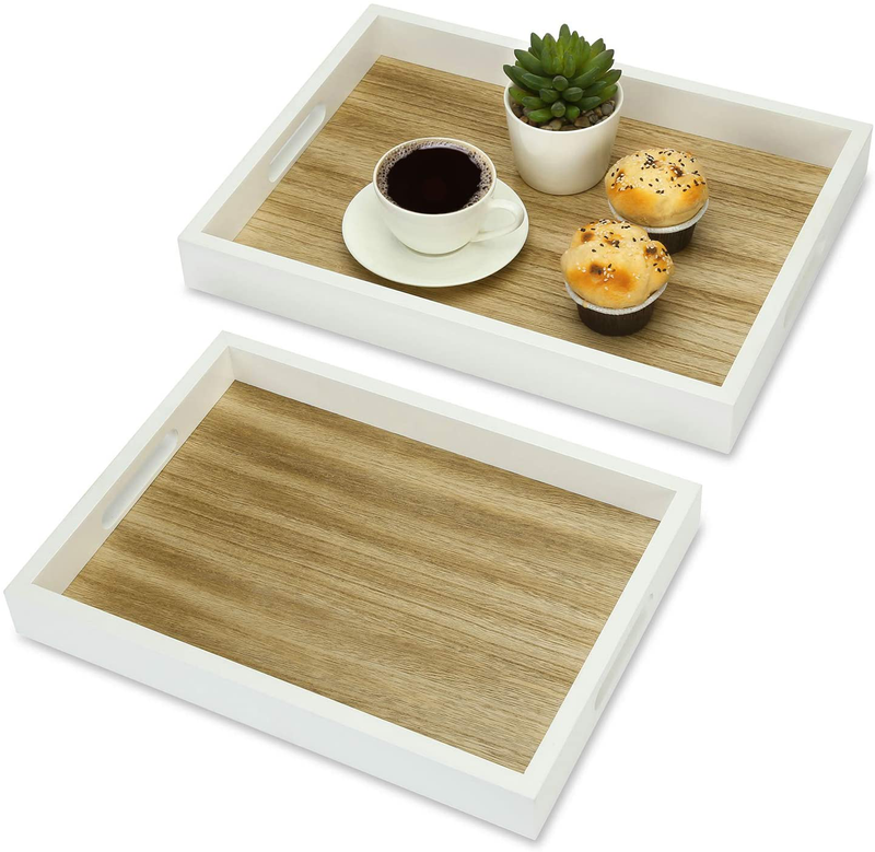 MyGift Decorative Natural Wood Breakfast Serving Tray with Cutout Handles, Brown/White - 16 X 11 Inch
