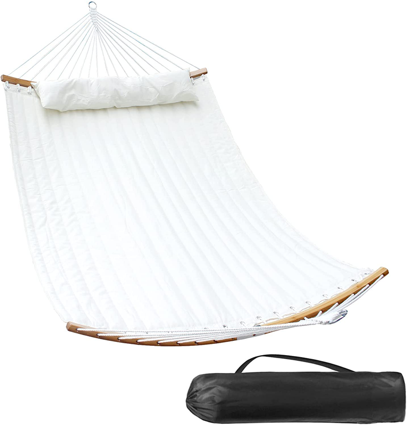 SUNNY GUARD 11FT Double Hammock Quilted Fabric Curved-Bar Bamboo＆Detachable Pillow,2 Person Hammock for Outdoor Patio Backyard 75"x55",Navy Blue Home & Garden > Lawn & Garden > Outdoor Living > Hammocks SUNNY GUARD Milky White  