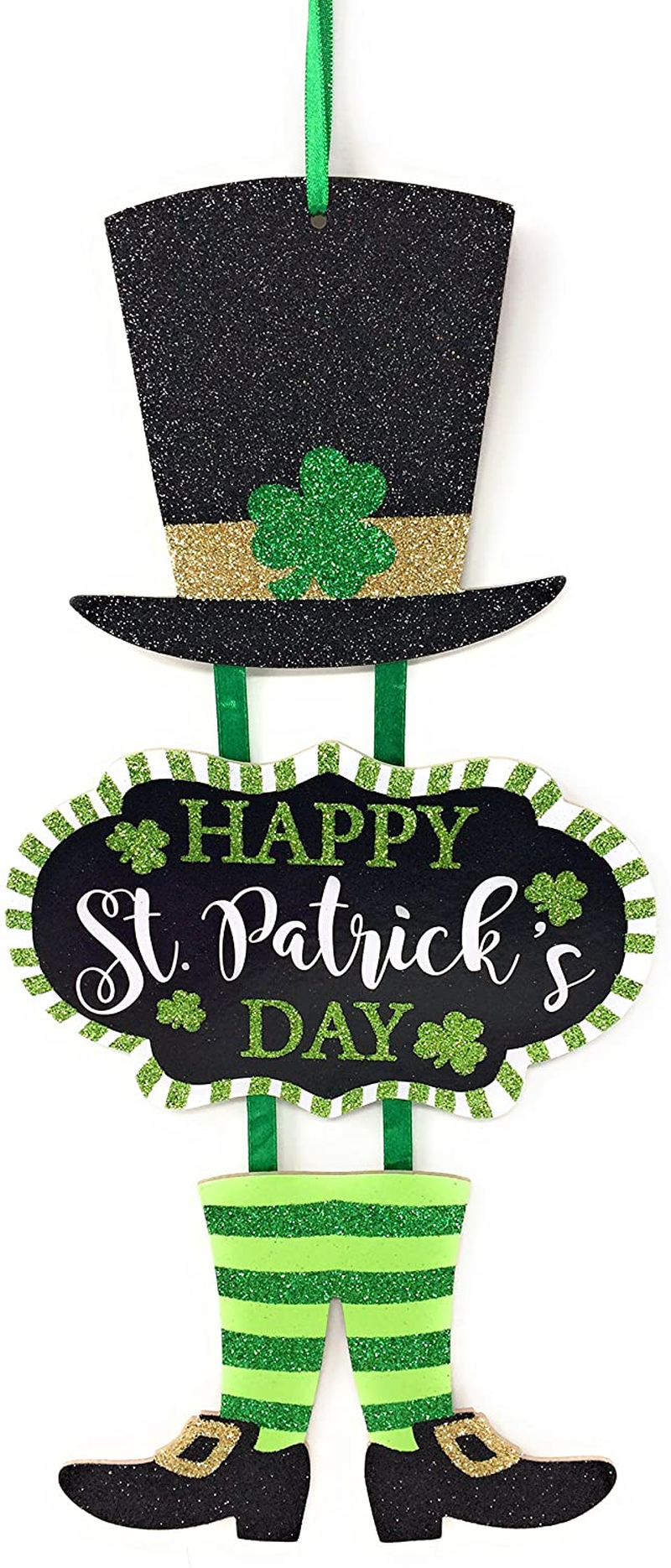 Glittery "Happy St. Patrick'S Day" Themed Hanging Welcome Sign with Leprechaun Top Hat and Feet