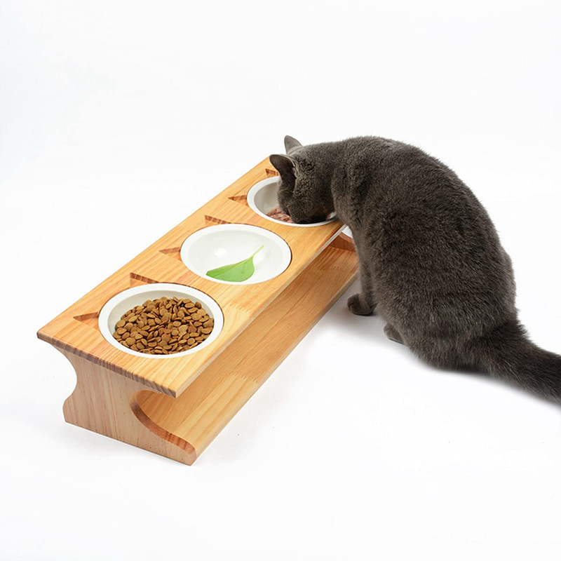 Smith Chu Premium Elevated Pet Bowls, Raised Dog Cat Feeder Solid Bamboo Stand with Ceramic Food Feeding Bowl - Cute Kitty Bowl for Cats and Puppy Animals & Pet Supplies > Pet Supplies > Cat Supplies Smith Chu Triple Bowl  