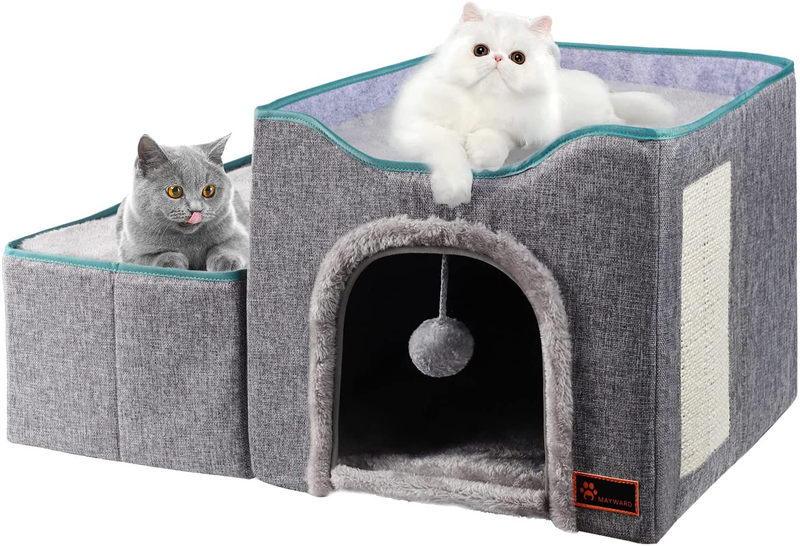 MAYWARD Cat Cube Foldable Cat House with Detachable Storage Box for Indoor, Multifunctional Cat Bed Cave with Ball Hanging and Scratch Pad for All Seasons
