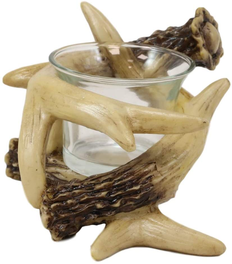 Ebros Set of 2 Wildlife Rustic Buck Elk Deer Stag Entwined Antlers Votive Candle Holder Accent Figurines 5" Wide Nature Lovers Hunters Cabin Lodge Country Home Decorative Antler Candleholders