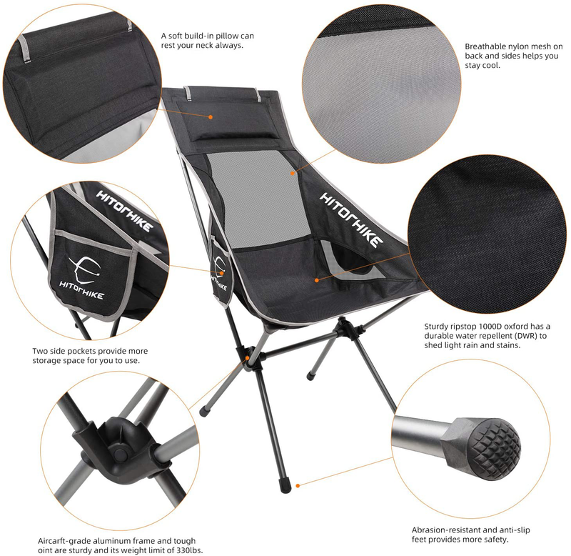 Hitorhike Camping Chair with Nylon Mesh and Comfortable Headrest Ultralight High Back Folding Camp Chair Portable Compact for Camping, Hiking, Backpacking, Picnic, Festival, Family Road Trip Sporting Goods > Outdoor Recreation > Camping & Hiking > Camp Furniture HITORHIKE   
