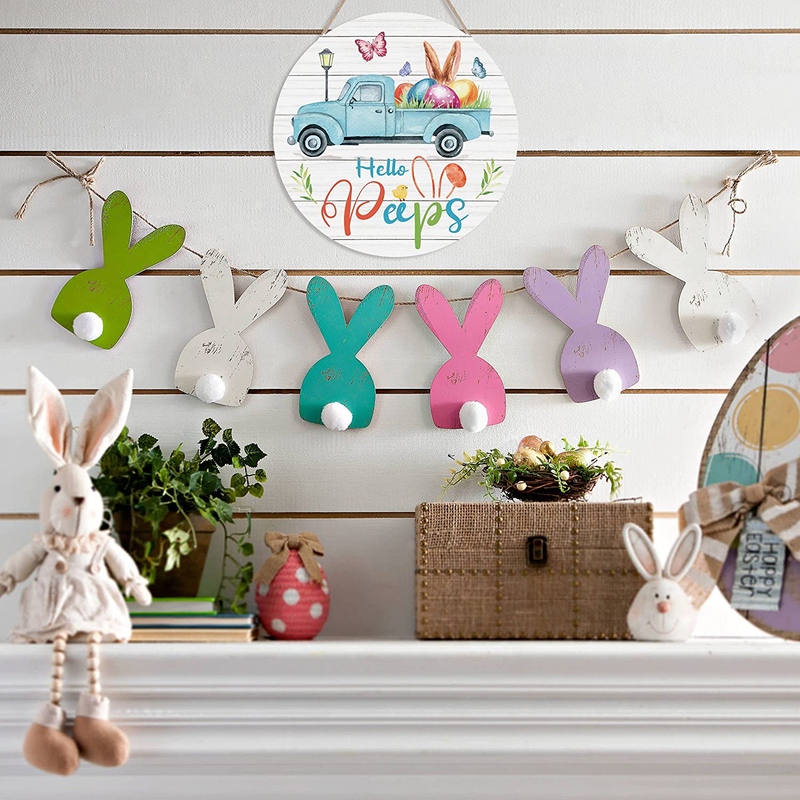 FWIEXA Easter Decoration Hello Peeps Wood Sign Plaque(12"X 12"), Happy Easter Truck with Easter Eggs Decor Sign, Cute Bunny Easter Themed Wooden Hanging Sign for Farmhouse Front Door Yard Easter Gift Home & Garden > Decor > Seasonal & Holiday Decorations FWIEXA   