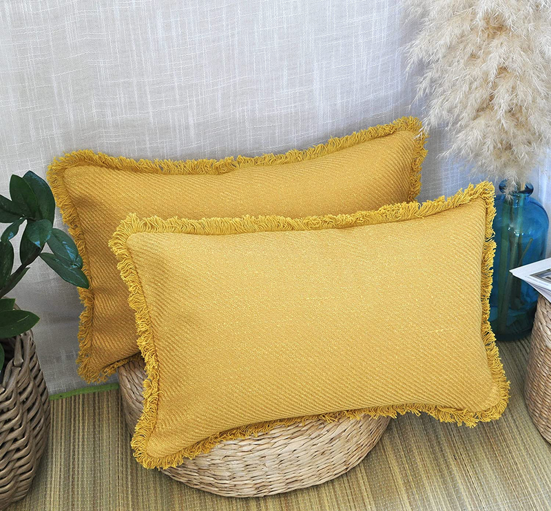 Decorative Throw Pillow Cover with Fringed Trim (20X20 Inches, Dusty Rose), Frill Accent Pillow Cover for Couch Sofa Bed/ Farmhouse Woven Pillow Case/ Modern Cushion Cover with Frayed Edge Home & Garden > Decor > Chair & Sofa Cushions Oveesha Mustard Yellow Lumbar 12 x 20 Inches- Set of 2 