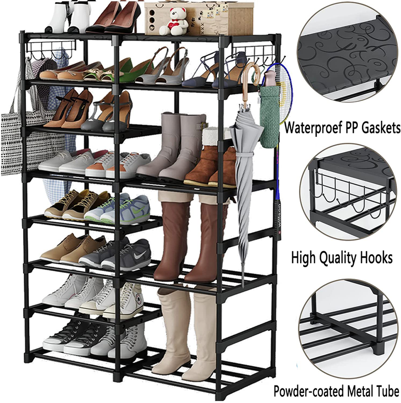 Finew 8 Tiers Shoe Rack Shoe Storage Organizer for Entryway Holds 26-30 Pairs Shoes and Boots, Metal Shoe Stand Organizer Shelving, Storage Cabinet Shoe Rack Shelves with Hooks Hammer