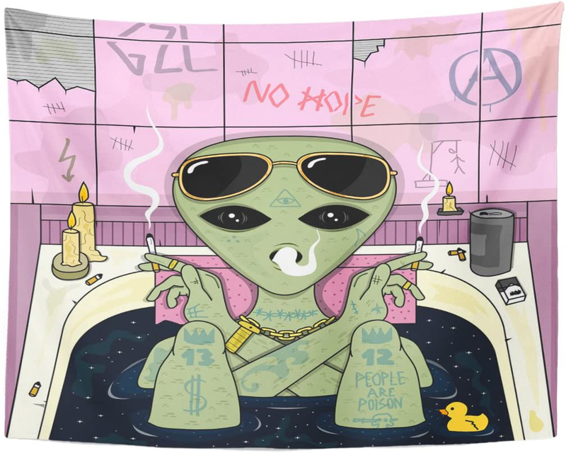 Emvency Tapestry Trippy Stoner Weed Alien Smoke and Chill in Bath Aesthetic Cigarette Glasses Home Decor Wall Hanging for Living Room Bedroom Dorm 60x80 Inches Home & Garden > Decor > Artwork > Decorative Tapestries Emvency 60" x 80"  
