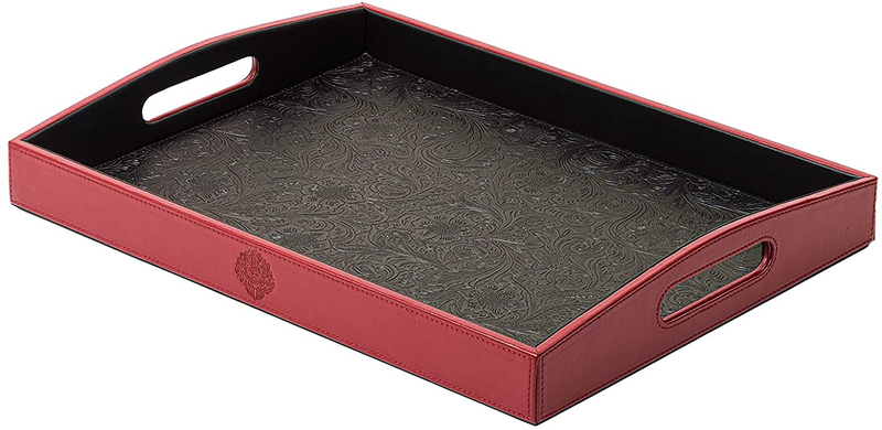 Serving Tray with Handles,Ottoman Decorative Platters,for Coffee Tables,Breakfast in Bed Tray, for Bar Catering Party Kitchen,Artificial Leather Embossed,Black,16×11.8 in Home & Garden > Decor > Decorative Trays ZADA the Red  