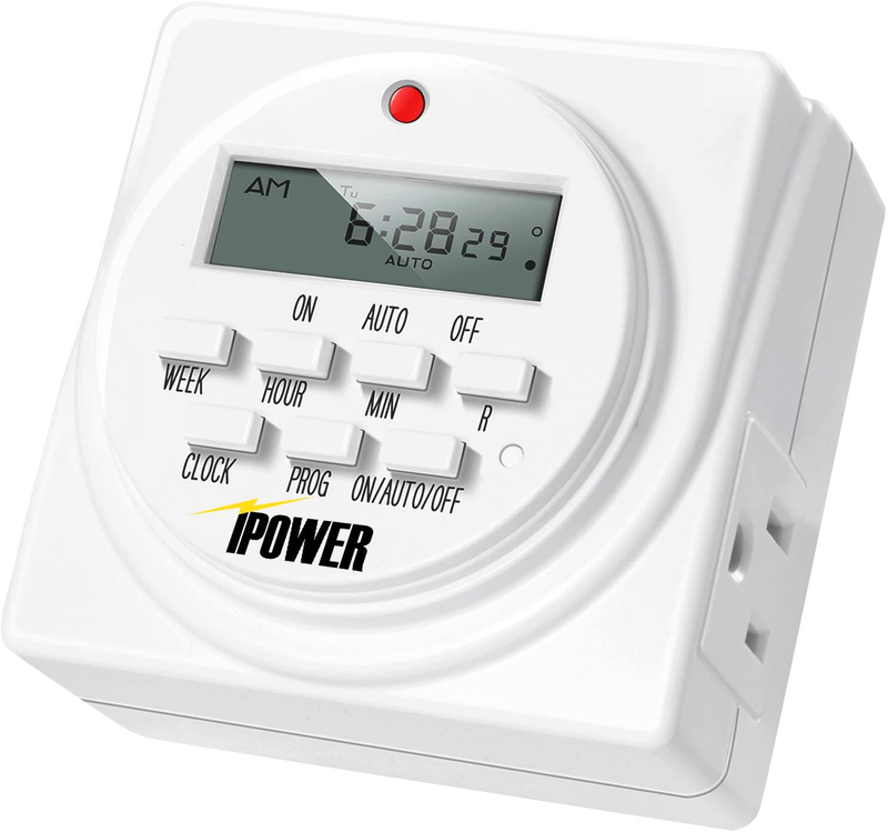 iPower GLTIMEDWEEK-A 7 Day Heavy Duty Digital Programmable Electric Timer, Indoor Dual Outlet Switch for Lights, Appliance, Pool Pump, 125VAC, 15A, 60 Hz, 1725W, ETL Liste, 1 Pack, White Home & Garden > Lighting Accessories > Lighting Timers iPower 1 Pack  