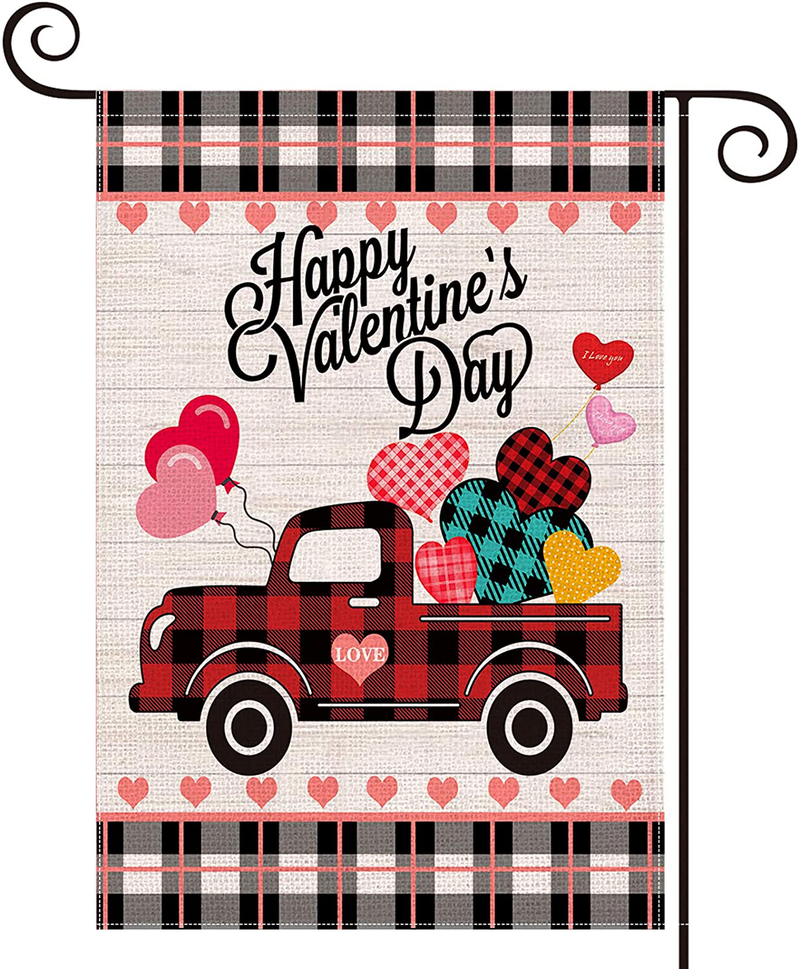 Happy Valentine'S Day Garden Flag for Outside,12×18 Inch Double Sided Burlap,Black and White Buffalo Plaid Truck with Love Heart,Valentine Day Yard Decors for Outdoor Anniversary Wedding Farmhouse Home & Garden > Decor > Seasonal & Holiday Decorations LARMOY 12"×18"  