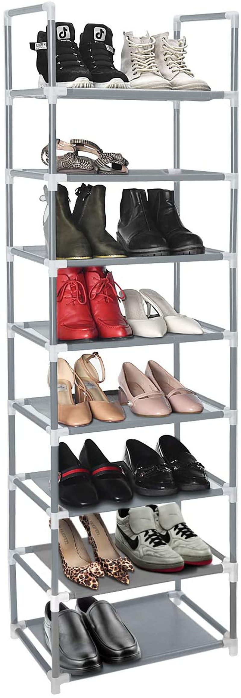 ERONE Shoe Rack Organizer 8 Tiers, Stackable and Durable Shoe Shelf Storage 16 Pairs Metal Shoe Tower Space Saving 18" X 11.9" X 57.7"(Black) Furniture > Cabinets & Storage > Armoires & Wardrobes ERONE Grey  