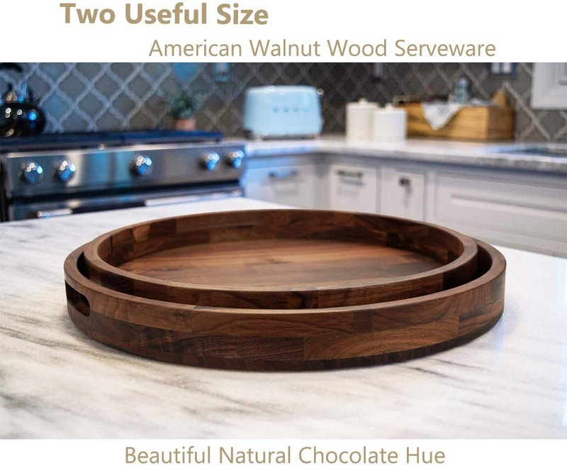 MAGIGO Set of 2 Large Round Black Walnut Wood Ottoman Tray with Handles, Serve Tea, Coffee, Classic Wooden Decorative Serving Tray, 16 &18 inches Home & Garden > Decor > Decorative Trays MAGIGO   