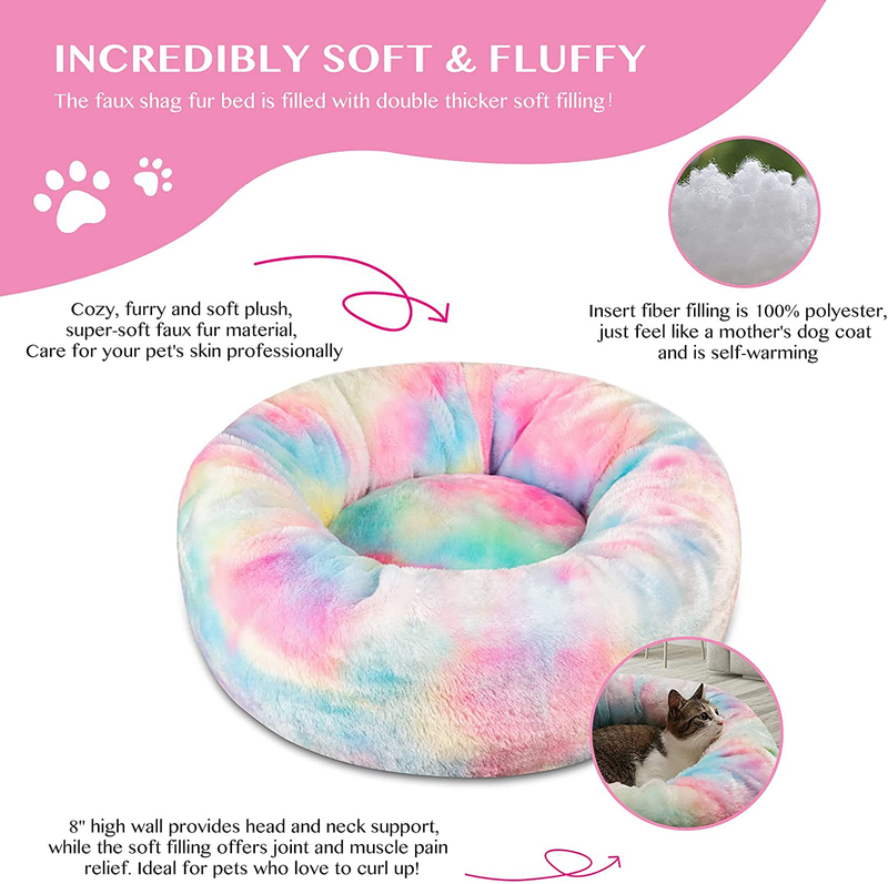 Tantivybo Donut Dog Bed & Cat Bed, Soft Faux Fur Plush Anti-Anxiety Pet Calming Bed, Washable Dog Cuddler Bed for Small Dogs Cats up to 25 Pounds ( 24'' X 24', Rainbow )
