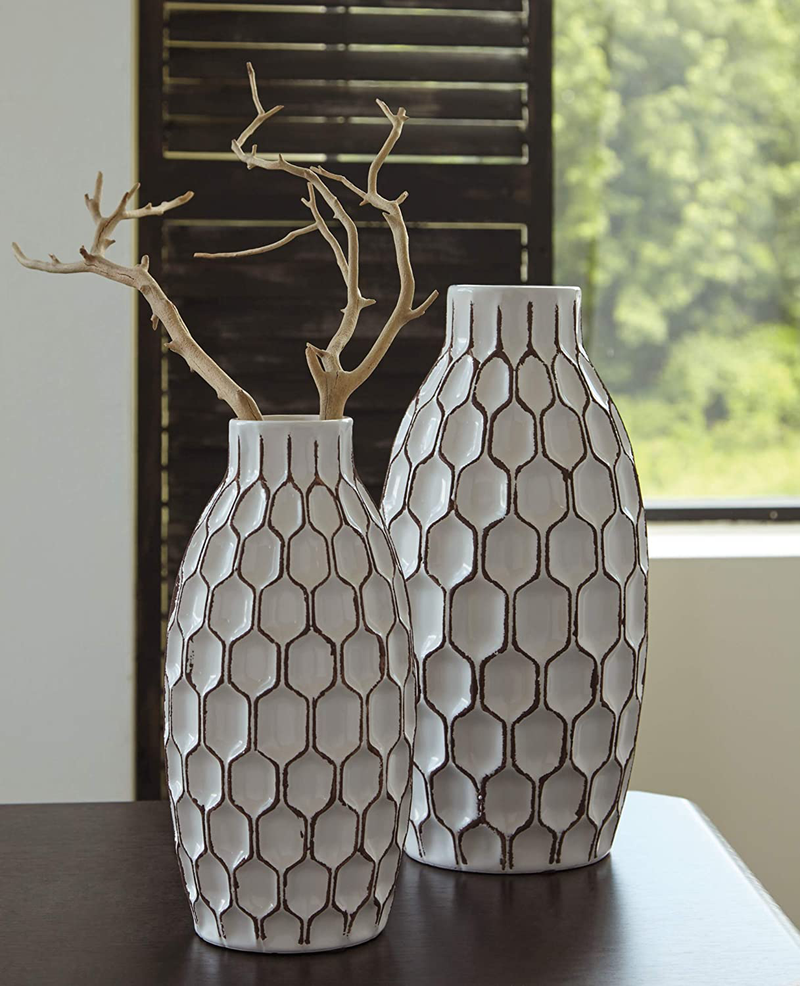 Signature Design by Ashley Dionna Geometric 2 Piece Ceramic Bottle Neck Vase Set, White and Brown Home & Garden > Decor > Vases Signature Design by Ashley   