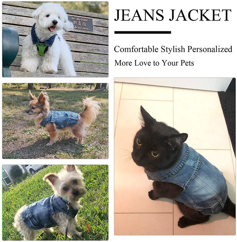 Dog Jeans Jacket Pet Clothes Vest Puppy Denim Jumpsuit Lapel Vests Hooded Hoodie for Small Medium Dogs, Classic Blue One-Piece Pet Cat Costume Apparel
