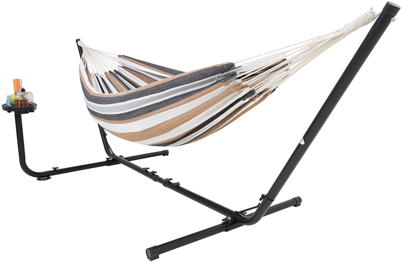 Hammock with Stand with Cupholder & Carrying Bag, 2 Person Hammock, Heavy Duty 450 Pound Capacity, Indoor & Outdoor Hammock: Patio, Pool, Balcony, Backyard (Beige) Home & Garden > Lawn & Garden > Outdoor Living > Hammocks VITA5 Brown/White/Blue  