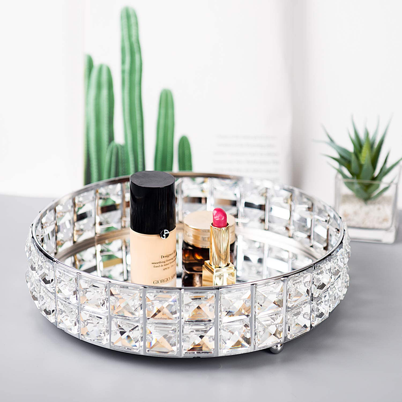 Feyarl Anti-Scratch Glass Mirror Surface Crystal Vanity Makeup Tray Ornate Jewelry Trinket Tray Organizer Sparkly Bling Cosmetic Perfume Bottle Tray Decorative Home Decor Dresser Skin Care Storage Home & Garden > Decor > Decorative Trays Feyarl   