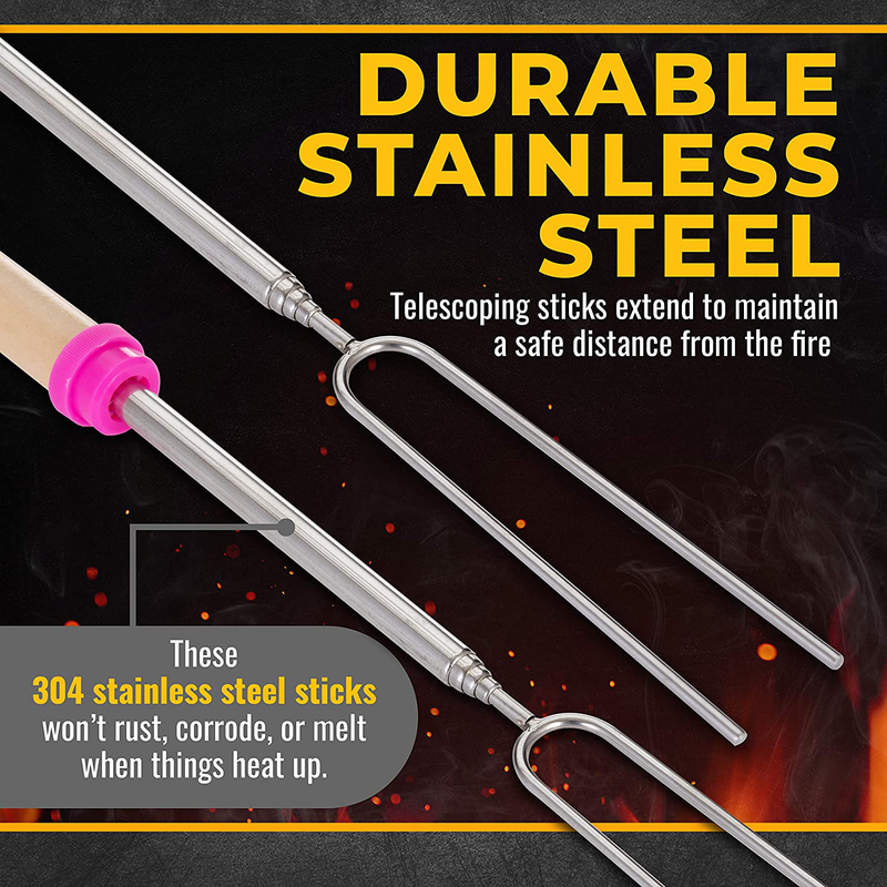 CORQUE Marshmallow Roasting Sticks Extendable Camping Skewer for Fire Pit, Wooden Handle 32inch Metal Smore Sticks for BBQ Hotdog, Cooking, Campfire, Bonfire Set of 8  CORQUE   