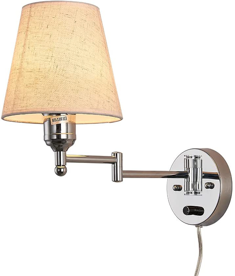 MARKYEE Bedside Wall Sconce with Dimmable Switch,Swing Arm Wall Lamp with Plug in Cord and round Fabric Shade,Wall Light Fixtures Apply to Hallway Bedroom Living Room (Bulb Included)